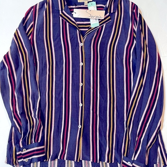 NWT Serein Large Navy Striped Blouse Button Front - Picture 7 of 7